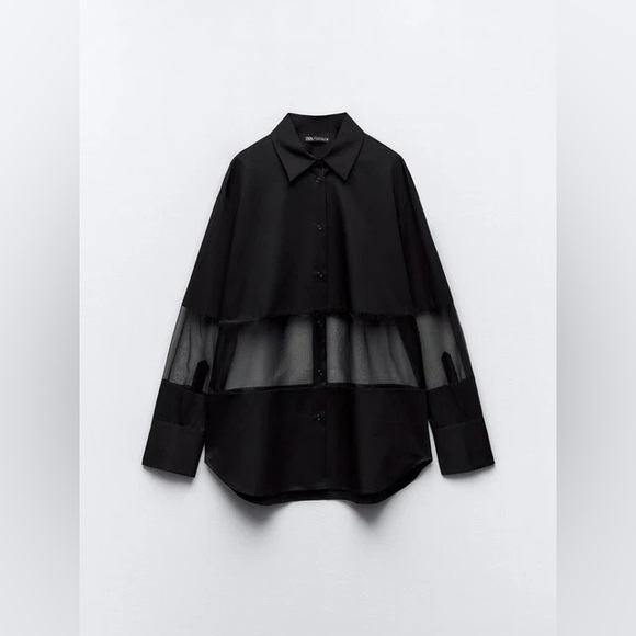 Zara Sheer Satin Combo Button Down Blouse XS NWT - Picture 1 of 6